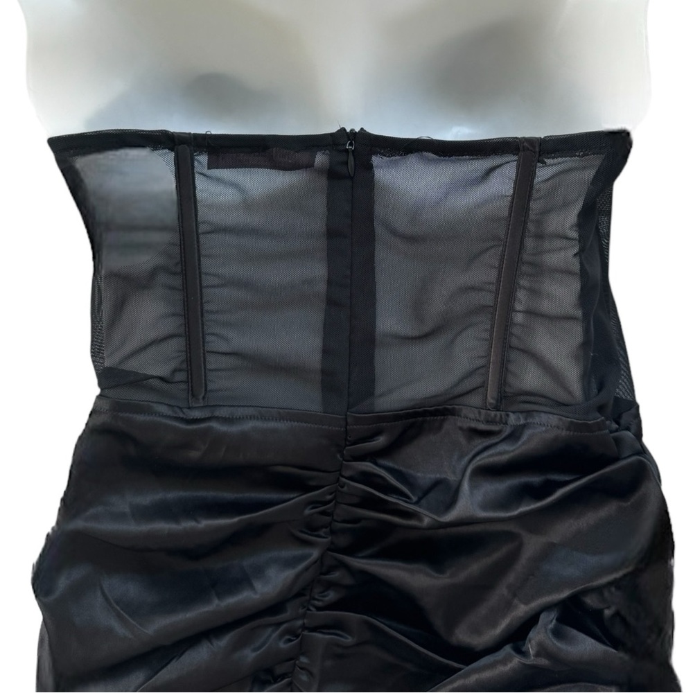 Mesh Drape Front Ruched Satin Corset Dress Black - Picture 7 of 9
